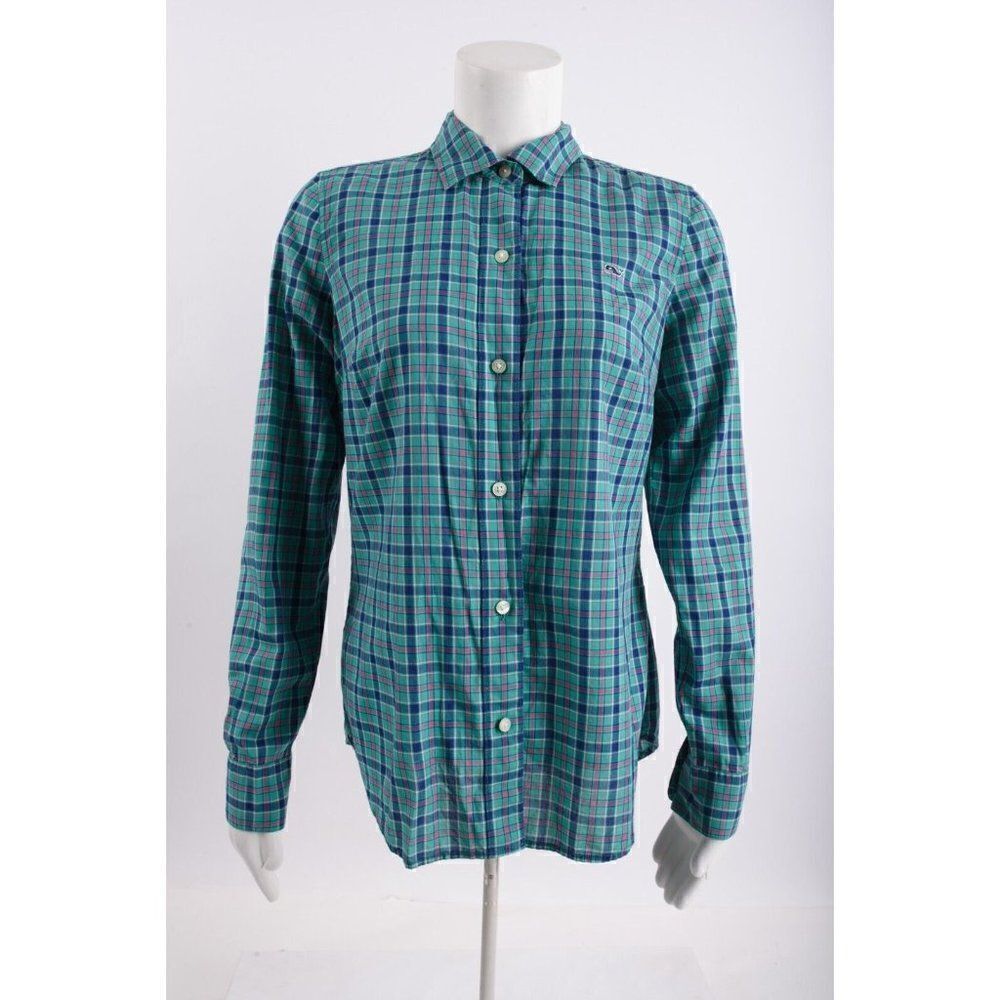 Vineyard Vines Womans Cove Blouse Shirt Top Button Size 4 Green Blue Pink Plaid